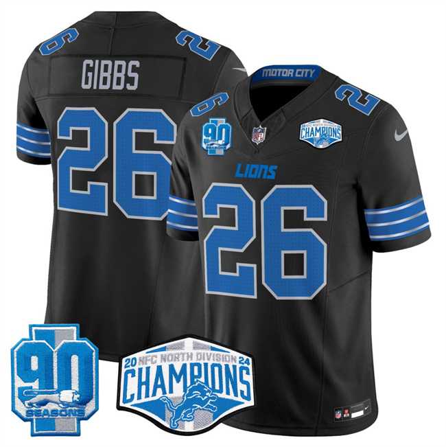 Mens Detroit Lions #26 Jahmyr Gibbs Black 2024 NFC North Champions 90th Anniversary Patch F.U.S.E. Vapor Limited Stitched Jersey